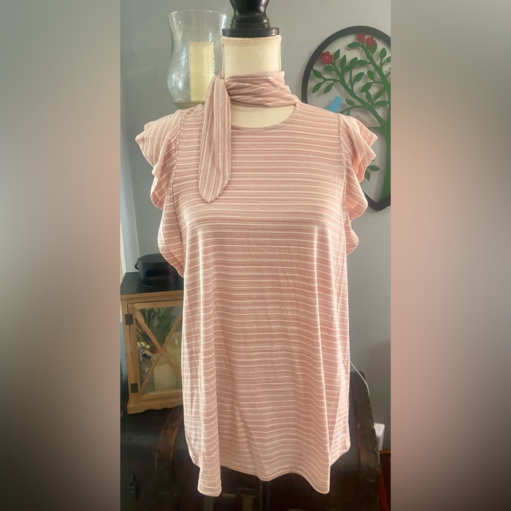 Doe & Rae Pink Striped Ruffle Blouse